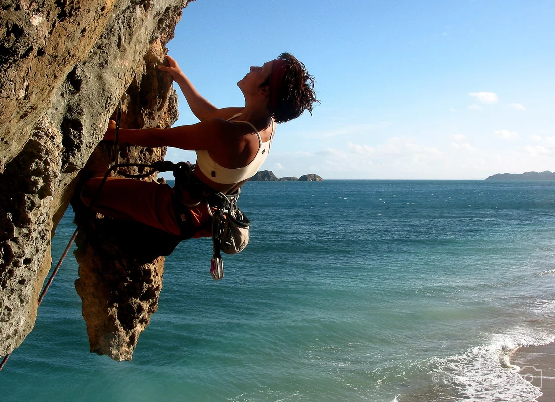 Une personne qui escalade une falaise avec une plage en fond